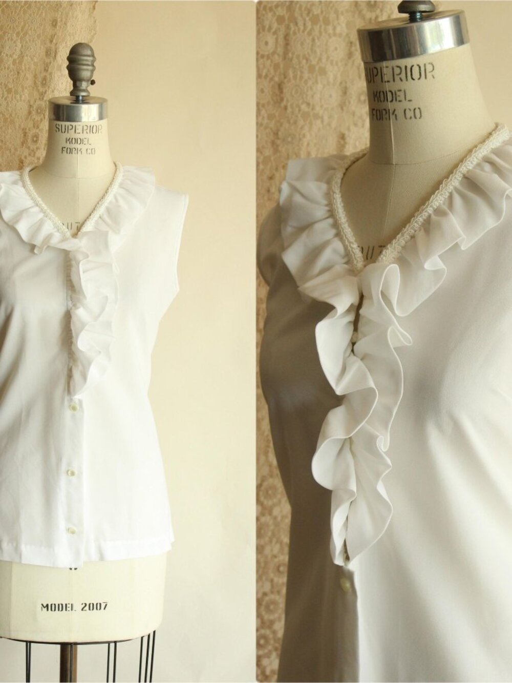Vintage 1960s Blouse, Fritzi of California White Ruffle Collar Top, Buttons
